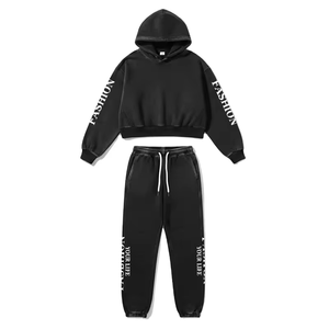 Factory Wholesale Custom Logo Heavyweight 100% <b>Polyester</b> French Terry Vintage Solid <b>Hoodie</b> and Flared Pants Men's Sweatsuit - Product Image 4