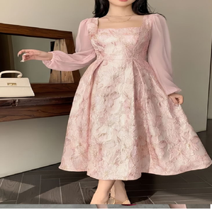เดรสทรงเอไลน์สีชมพูสุดชิค ลายดอกไม้สไตล์วินเทจ ราคาขายส่ง - Product Image 1
