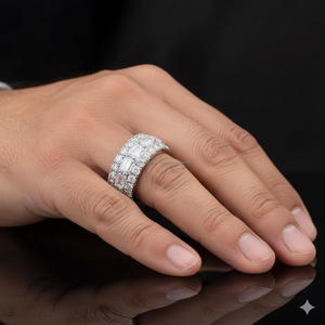 Baguette & Round Cut Moissanite Diamond Cluster <b>Ring</b> <b>for</b> <b>Men</b> 925 Sterling <b>Silver</b> Rhodium Plated Wedding Anniversary Gift <b>for</b> Him - Product Image 1