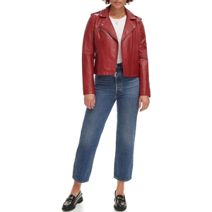 Blouson moto en cuir rouge pour femme, coupe ajustée, fermeture éclair, col rabattable, manches classiques, style automne, léger, sur mesure - Product Image 5