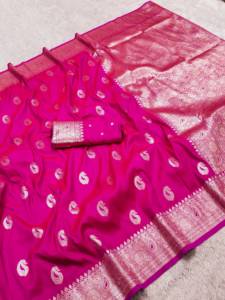 Sari en soie Banarasi rose magenta doux et pur pour femme avec pallu tissé Zari et bordure Zari, sari de mariage traditionnel - Product Image 6