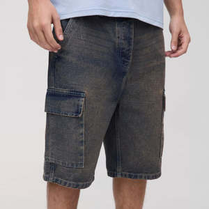 Pantalones Cortos de Mezclilla Cargo Vintage para Hombre, Estilo Verano, Largos hasta la Rodilla, con Múltiples Bolsillos, Bordados, Cintura Media, Lavado Oscuro, Secado Rápido - Product Image 1
