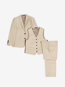 Costume 3 pièces beige pour homme style britannique, blazer, gilet et pantalon à col cranté, fermeture boutonnée, en mélange de laine infroissable - Product Image 1
