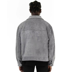 Men's Gray Suede Jacket Turn-<b>Down</b> Collar Casual Autumn Regular Fit Solid Color PU Leather Outerwear - Product Image 1