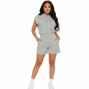 Vente flash : Ensemble de 2 pièces pour femmes, pantalon d'été, 100% coton, respirant, t-shirt décontracté et short avec capuche - Product Image 1