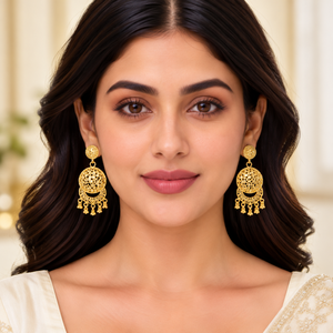 Majestic 24K Gold Polish Copper Brass Long <b>Necklace</b> <b>Set</b> with Dome Pendant Matching <b>Earrings</b> for Indian <b>Bridal</b> Wedding Jewelry - Product Image 3
