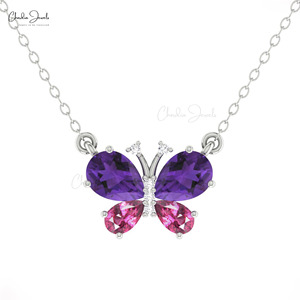 Nouveau Collier Papillon en Améthyste et Grenat Rhodolite 7x5mm, Or Massif 14 carats, Inspiré des Diamants, Bijou Tendance - Product Image 3