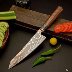 Cuchillo de Chef Artesanal OEM Personalizado de Acero de Damasco y Cobre con Hoja Afilada, para Cortar Carne y BBQ, Mango de Madera, Regalo Ideal - Product Image 1