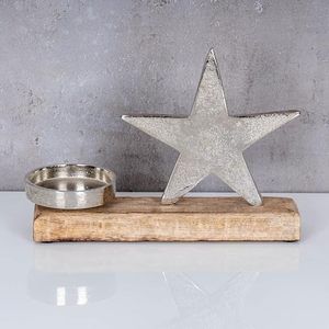 Porte-bougie étoile en aluminium moulé avec base en bois de manguier, décoration de table, étoile en bois et métal, décoration de Noël - Product Image 4