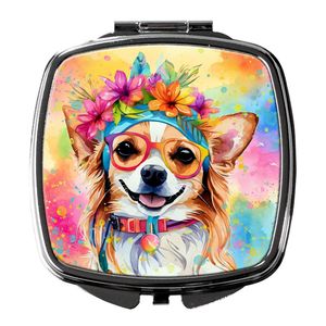 Espejo de maquillaje de viaje de mano plegable compacto Chihuahua Hippie Dawg diseño decorativo regalo para mujeres y niñas - Product Image 1