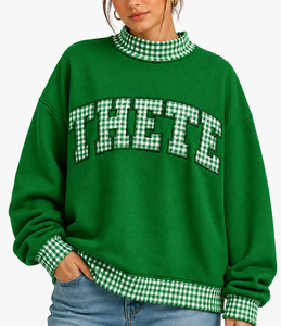 Sweat-shirt à col montant épais pour femme, coupe oversize, patchwork personnalisé à carreaux vichy, style universitaire décontracté - Product Image 5