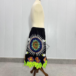 Jupe noire brodée florale traditionnelle en gros pour femme, taille élastique, style bohème, robe midi d'été, motif ethnique feuille, jupes décontractées - Product Image 4