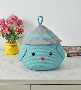 Customised Handwoven Unique Kids Bohemian Style Round Shape Rattan Eco Friendly Storage Basket Blue Chicken Cute Design Candy - Product Image 1