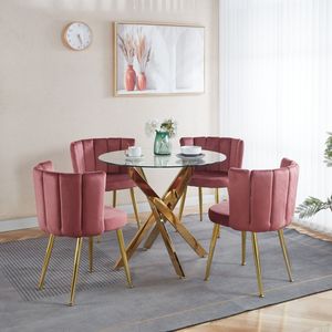 Set da Pranzo Mid-Century 1+4,5 Pezzi con Tavolo con Gambe in Metallo per 4-6 Persone, Piano in Vetro, Tavolo da Pranzo con Base a Piedistallo per Sala da Pranzo - Product Image 2