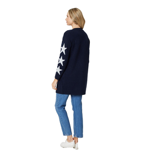 Cárdigan Largo de Punto para Mujer, Azul Marino con Diseño de Estrellas, Cuello en V, Manga Larga, Estilo Casual para Otoño - Product Image 4