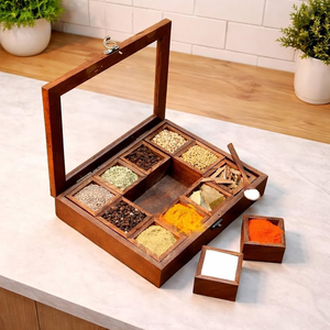 Boîte à épices en bois, best-seller, boîte à épices en bois indienne, boîte à épices décorative en bois avec couvercle en acrylique, 9 compartiments - Product Image 4