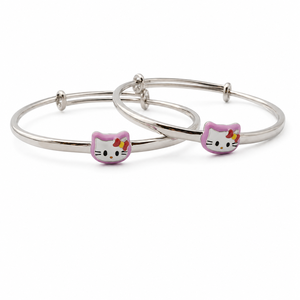 925 Sterling Silver Pink Cat Enamel Kids <b>Bangle</b> Bracelet <b>Set</b> High Polish Cartoon Animal Design for Girls Daily Wear Party Gift J - Product Image 5