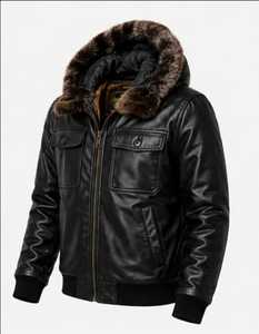 Blouson en cuir pour homme avec col en fausse fourrure et fermeture éclair - Product Image 2