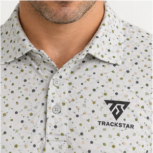 Polo pour homme Trackstar, blanc, imprimé olive moucheté, manches courtes, col boutonné, chemise de golf décontractée, logo personnalisé - Product Image 5