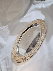 Premium Oval Stainless Steel Serving Tray Engraved Decorative <b>Platter</b> with <b>Gold</b> Fluted <b>Rim</b> - Product Image 3
