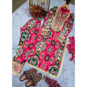 Aarohi Designer 2XL Red Maslin Impreso Top & Bottom Set para su próxima celebración - Product Image 3