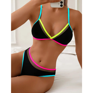 Women’s Custom Halter Skirt <b>Bikini</b> Set <b>Neon</b> Color Block Overlap Swim Skirt Two Piece Breathable Bathing Suit 2026 - Product Image 3
