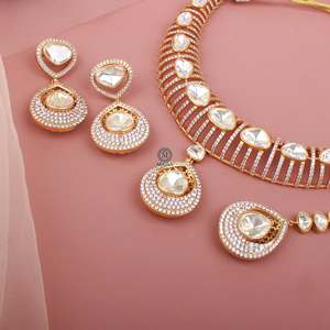 Devangi Gold Plated Moissanite Designer <b>Bridal</b> <b>Necklace</b> <b>and</b> <b>Earring</b> <b>Set</b> - Product Image 1