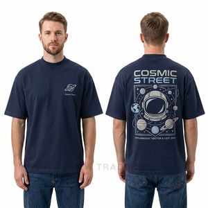 T-shirts à épaules tombantes bleu marine avec imprimé graphique planète cosmique au dos, inspirés de l'astronomie, style streetwear urbain décontracté - Product Image 3