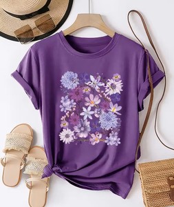 Women's Floral Heart Print 100% Cotton Short Sleeve Crew Neck T-Shirt Casual Spring Summer Wear Breathable Loose Fit - Product Image 5