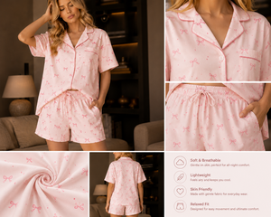 ชุดนอนผู้หญิงแขนสั้นแบบสองชิ้น ชุดลำลอง ชุดนอนนุ่มสบาย ชุดนอนใส่บ้าน - Product Image 3
