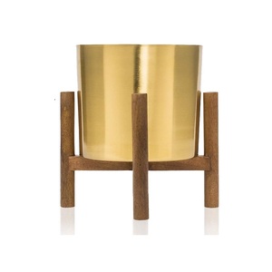 Set 2 Gold Planter with Stand Brass Plated <b>Large</b> Metal <b>Pot</b> with Wood Stand Modern Mid Century Flower <b>Pot</b> Decor for Living - Product Image 1