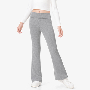 <b>Girls</b> Gray Knitted Foldover Waist School Uniform <b>Flare</b> <b>Leggings</b> Custom Logo Wide Leg Bell Bottom Pants - Product Image 1