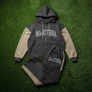 Conjunto de chándal con capucha y cremallera para hombre, en bloques de color negro y caqui, con estampado de letras, estilo urbano, sudadera con capucha y pantalones de pierna ancha - Product Image 6