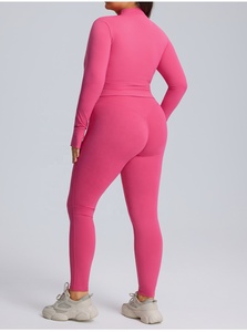 Wholesale Fitness 3 Piece Women Gym Yoga Wear Set Workout Seamless Long Sleeve Sports Suit <b>Crop</b> <b>Top</b> Full Sleeve Zipper Sports - Product Image 4