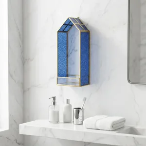 Étagère murale moderne en forme de cabane nordique, verre bleu, cadre en laiton, organisateur de rangement, décoration de salon - Product Image 2