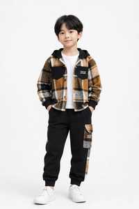 Ensemble de survêtement pour garçons ONETEN APPAREL, veste à capuche en coton à carreaux marron, pantalon à ourlet fendu, tenue d'hiver - Product Image 3
