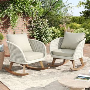 Set di 2 sedie a dondolo contemporanee minimaliste in vimini beige da 29,5 pollici con struttura in legno resistente e morbidi cuscini in poliestere - Product Image 1