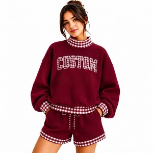 Custom Women Red Gingham Trim Sweatshirt Shorts <b>Set</b> Casual Loose Fit 2 Piece Fleece Outfit Spring Summer Wear - Product Image 3