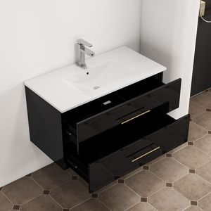 36-Inch Black Gloss Wall-Mounted <b>Bathroom</b> <b>Vanity</b> with Double Drawers and Ceramic Sink Long Gold Metal Handle Easy Installation - Product Image 5