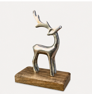 Antique Silver Aluminum Reindeer Sculpture with Natural Mango Wood Base Festive Holiday Home Decor & Modern Tabletop Figurine - Product Image 5