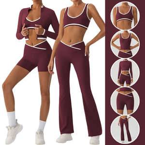 Women Four Piece Activewear Set Wine <b>Red</b> Stretch <b>Sports</b> <b>Bra</b> Zip Jacket Shorts And Flare Leggings Slim Fit Fitness Wear - Product Image 6