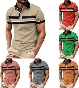 เสื้อโปโลแขนสั้นของผู้ชายผ้าฝ้าย100% กันยับสำหรับผู้ชายผ้าถักลายทางสีทึบ - Product Image 1