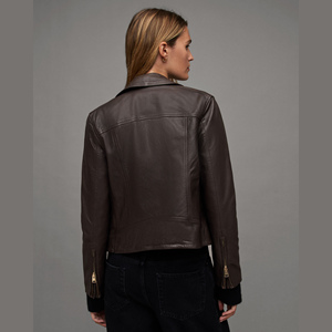 <b>Women's</b> Genuine Cow Skin Leather Moto <b>Jacket</b> Turn-<b>Down</b> Collar Full Sleeve Zipper Closure Autumn Style Solid Color - Product Image 3