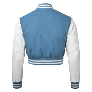 Women's Premium Best Selling Varsity <b>Jacket</b> Blue <b>White</b> Color Block Full Sleeve Stand Collar <b>Short</b> Length Polyester Cotton Blend - Product Image 3