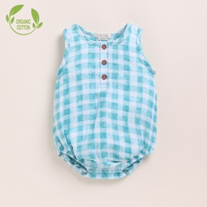 Premium Quality Organic <b>Muslin</b> Bubble Romper Teal Checks Print <b>Baby</b> Clothing - Product Image 1
