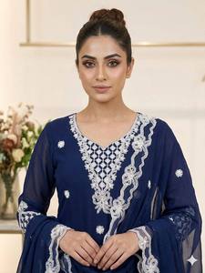 Conjunto de Salwar Kameez Azul Bordado con Dupatta de Encaje, Traje Indio-Pakistaní para Mujer - Product Image 5