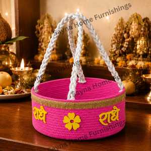 Panier artisanal traditionnel en bambou écologique fait main, couleur turquoise, bordure dorée, motif Jay Shri Ram, thème religieux, réutilisable - Product Image 5
