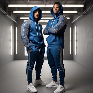 Conjunto Deportivo para Hombre con Capucha y Pedrería Azul, Sudadera de Manga Larga, Pantalones, Corte Regular, Ropa de Otoño, Zapatillas Blancas - Product Image 5