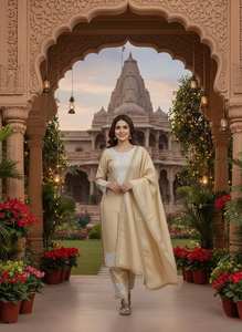 ชุดปาลาซโซผ้าไหมบานาราสีแบบพรีเมียมสองสี พร้อมผ้าคลุมไหล่ดีไซเนอร์ - Product Image 3