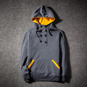 Sudadera con Capucha Negra para Hombre con Forro Amarillo y Bolsillos, Cierre de Botones, Estilo Casual, Corte Regular, para Otoño - Product Image 4
